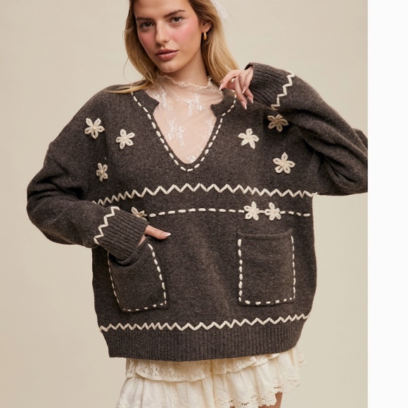 Listicle “ Elena “ Listicle 3D Floral Appliqué Sweater 86 - Picture 6 of 6